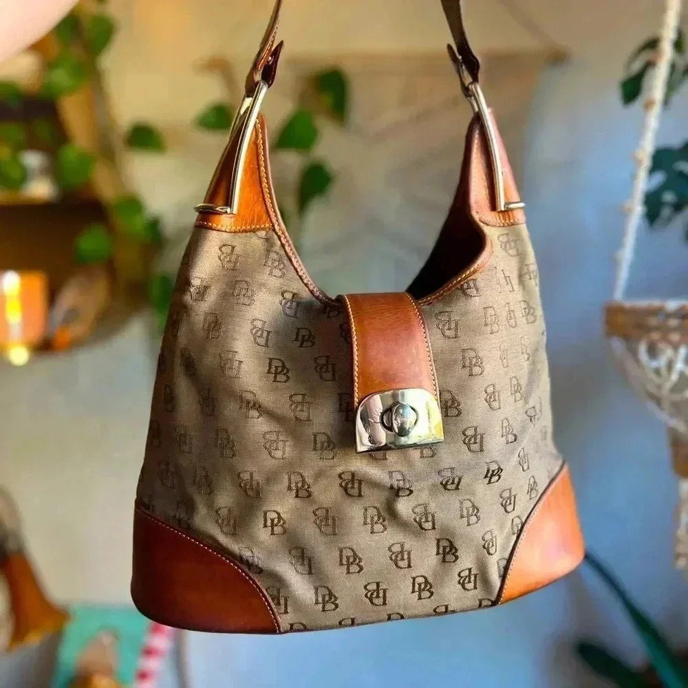 Dooney & Bourke Vintage Khaki DB Leather Crescent Hobo Shoulder Bag